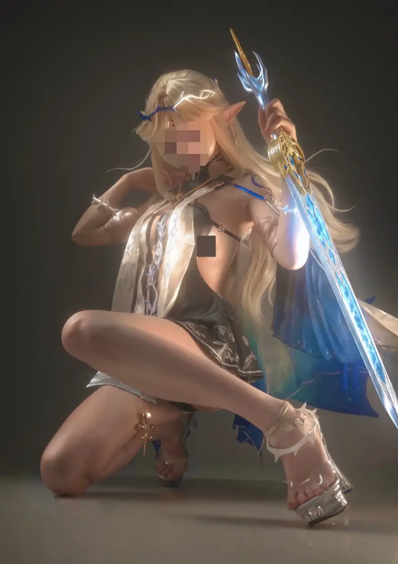 奇幻角色跪姿人体 pose 参考，保留原图隐私遮挡